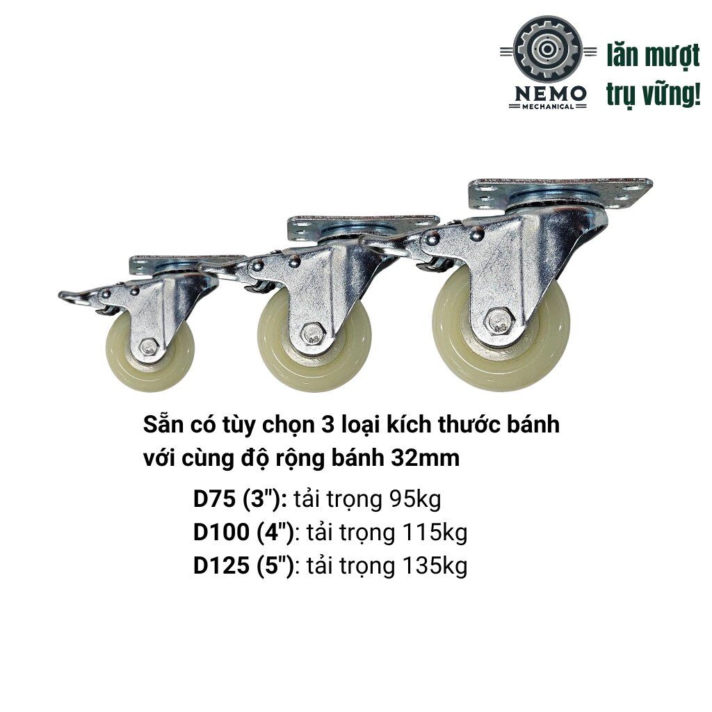 Bánh xe đẩy hàng nylon, mặt bích, cọc vít, chịu hóa chất, 7cm, 10cm, 12cm: